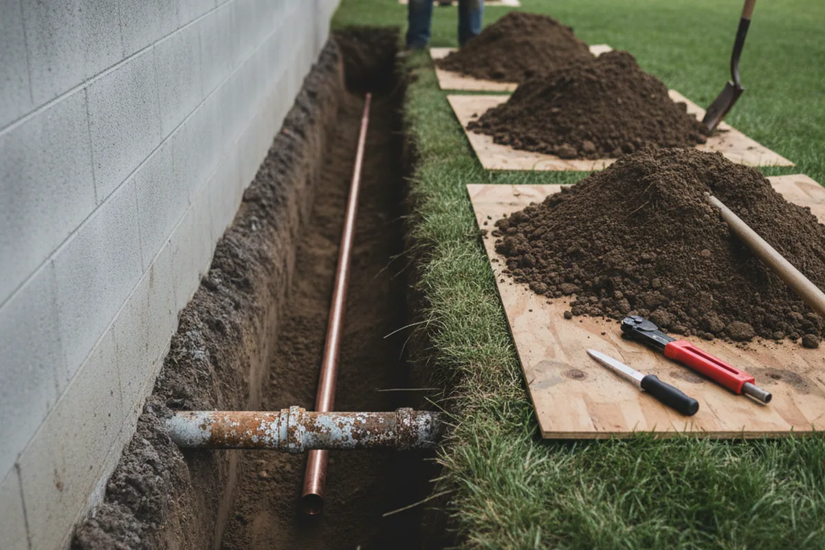 Excavated water line trench during Water Heater Repair in South Holland